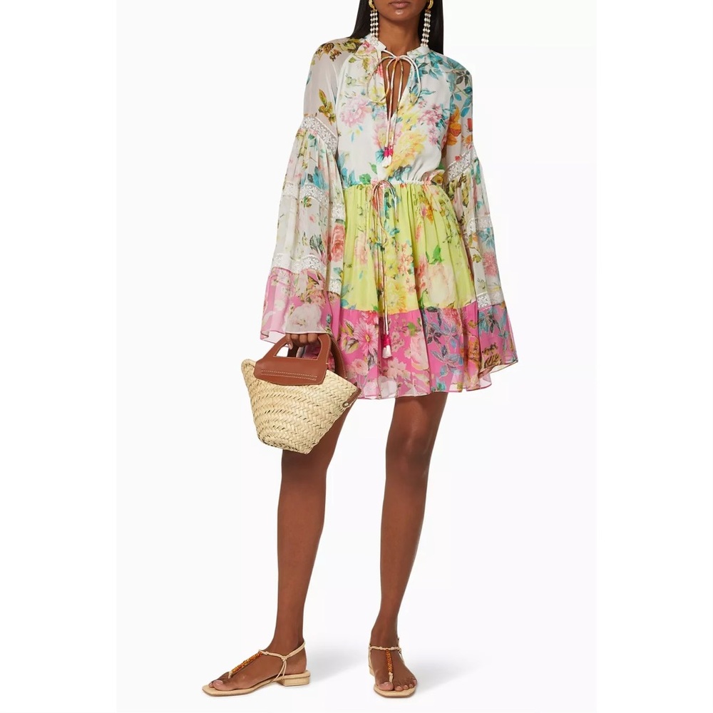 Hemant & Nandita Jolie Floral Tunic Mini Dress Lace Trim Bell Sleeve - XS - Picture 3 of 10